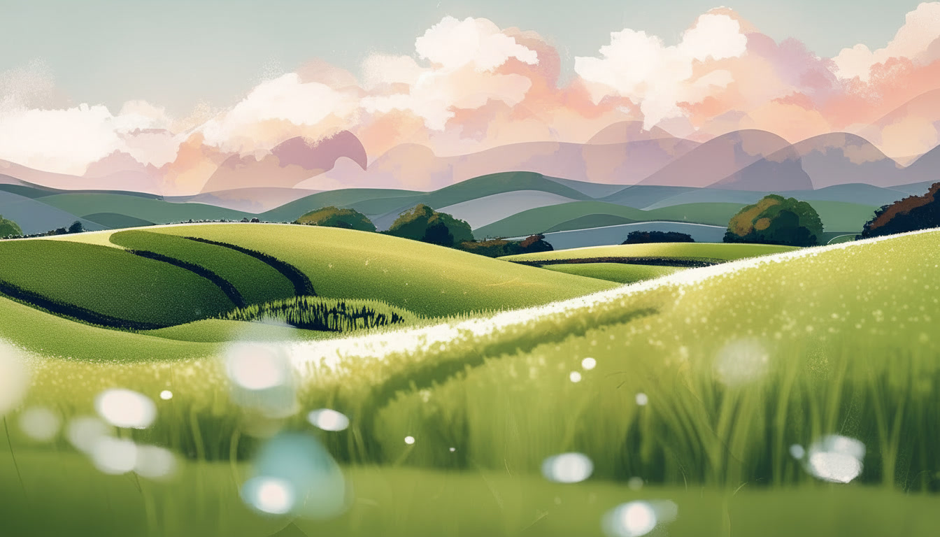 Lush green rolling hills with pink clouds